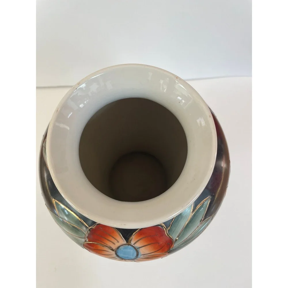 Vintage Black Ceramic Toucan Floral Vase Chinoiserie Gold‎ Cloisonne 12